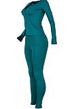 Wholesale Women's Ribber Long Sleeve Double-Zipper Tops Skinny Pants Plain Suit MD455