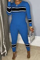 Simple Casual Knitting Stripe Spliced Long Sleeve Round Neck Tops Pencil Pants Fashion Suit WY6869 