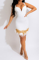 Fashion Sexy Women's Condole Belt V Collar Feather Hip Skinny Mini Dress CCY9452