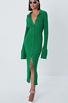 Knitted Button Up Flare Cuff Long Dress