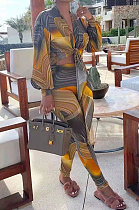 Autumn Winter Printing Sexy Bandage Crop Lantern Sleeve Trendy Pants Sets SMY81128