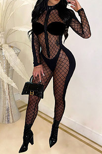 Plaid Mesh Spaghetti Korea Velvet Spliced Sexy High Waist Bodycon Jumpsuits CY1354