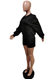 Casual Simple Pure Color Puff Sleeve Round Neck Loose Tops Shorts Two-Piece F88409