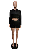 Fashion Cotton Blend Tassel Spliced Long Sleeve Crop Hoodie Shorts Solid Color Casual Suit F88408