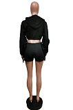 Fashion Cotton Blend Tassel Spliced Long Sleeve Crop Hoodie Shorts Solid Color Casual Suit F88408