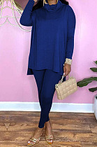 New Women's Cotton Blend Long Sleeve Ruffle Neck Irregularity Tops Bodycon Pants Plain Suit F88407