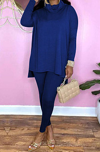 New Women's Cotton Blend Long Sleeve Ruffle Neck Irregularity Tops Bodycon Pants Plain Suit F88407