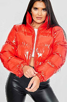 Plain High Neck Bubble Jacket in Orange Red