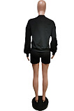 Casual Simple Pure Color Puff Sleeve Round Neck Loose Tops Shorts Two-Piece F88409