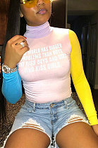 Euramerican Women's Printing Spliced High Collar Long Sleeve T Shirts R6126