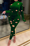 Euramerican Women's Fashion Velvet Hole Solid Color Long Sleeve Round Collar Bodycon Pants Sets AA5291