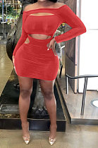 Autumn Winter A Word Shoulder Solid Color Dew Waist Hollow Out Sexy Tight Mini Dress GB8039