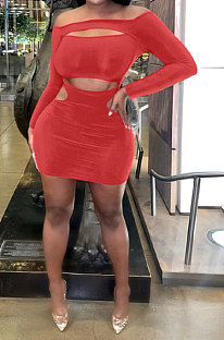 Autumn Winter A Word Shoulder Solid Color Dew Waist Hollow Out Sexy Tight Mini Dress GB8039