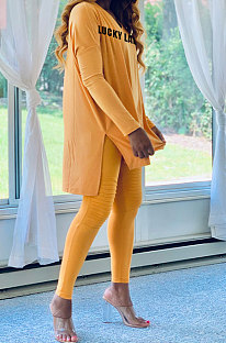 Letters Printing V Collar Split Solid Color Casual Pants Sets DY66182