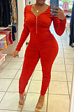 Euramerican New Women's Long Sleeve Front Zipper Ruffle Tops Skinny Pants Solid Color Suit ZMM9138