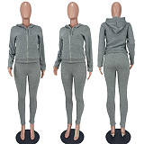 Euramerican Women's Trendy Casual Solid Color Thick Zipper Pants Sets ED8553