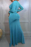Euramerican Women Fashion V Collar Shirred Detail Sexy Hip High Split Solid Color Bandage Long Dress DY6937