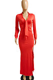 Euramerican Women Fashion V Collar Shirred Detail Sexy Hip High Split Solid Color Bandage Long Dress DY6937