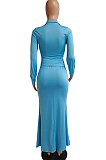 Euramerican Women Fashion V Collar Shirred Detail Sexy Hip High Split Solid Color Bandage Long Dress DY6937
