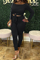 A Word Shoulder Autumn Winter Knotted Pullover Pure Color Pants Sets GB8038