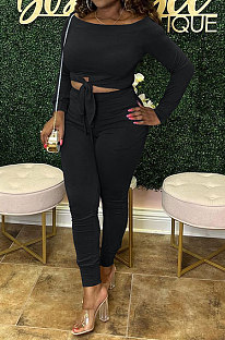 A Word Shoulder Autumn Winter Knotted Pullover Pure Color Pants Sets GB8038