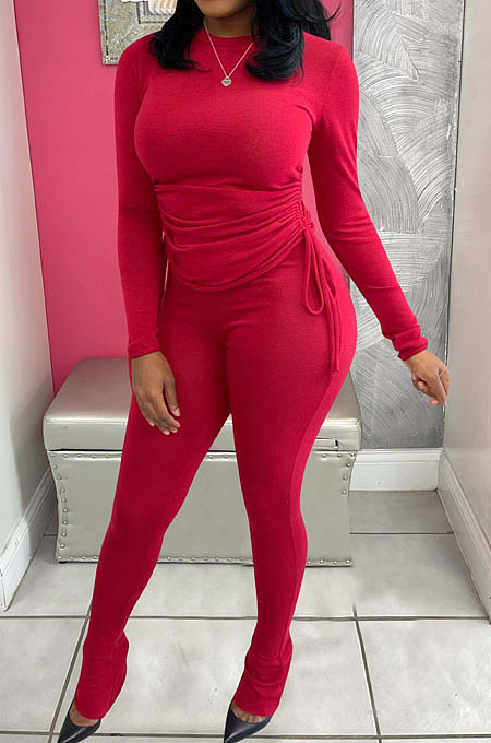 Modest Simple Cotton Blend Long Sleeve Round Neck Drawstring Tops Skinny Pants Solid Color Suit ZMM9144