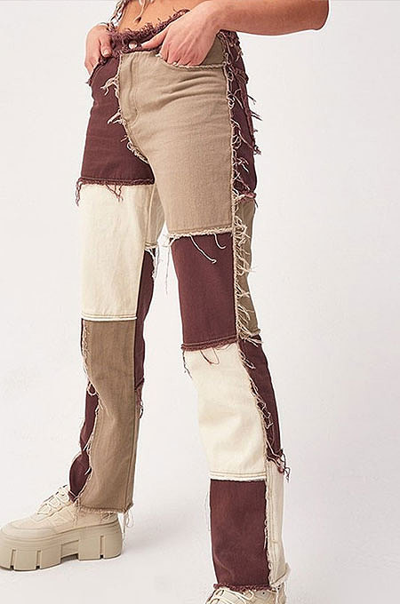 Color Block Spliced High Waist Pencil Long Jeans Pants HB4612
