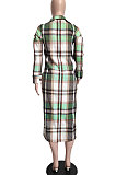 Plaid Printing Single-Breasted Turn-Down Collar Lower Hem Split Long Coat Midi Dress LML284