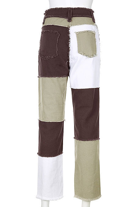 Color Block Spliced High Waist Pencil Long Jeans Pants HB4612
