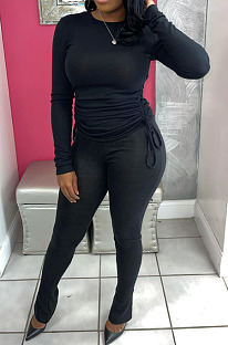 Modest Simple Cotton Blend Long Sleeve Round Neck Drawstring Tops Skinny Pants Solid Color Suit ZMM9144
