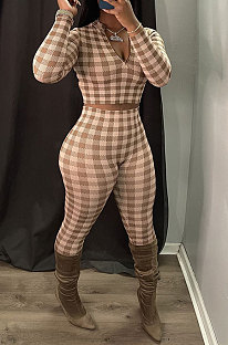 Euramerican Women's Fashion Dew Waist Plaid Digital Printing Zipper Bodycon Pants Sets AYQ08027
