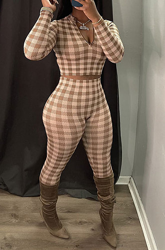 Euramerican Women's Fashion Dew Waist Plaid Digital Printing Zipper Bodycon Pants Sets AYQ08027