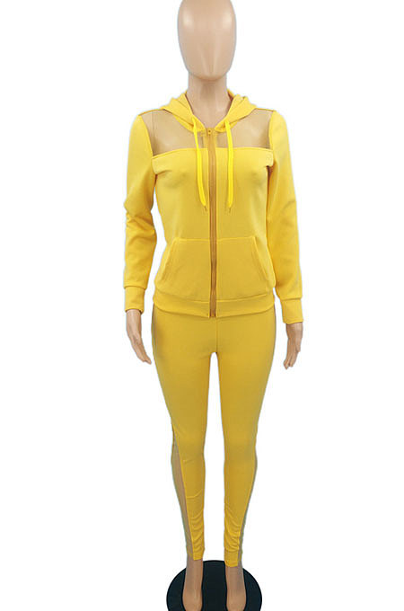 Women Solid Color Mesh Spaghetti Spliced Hooded Zipper Pants Sets AYQ8050