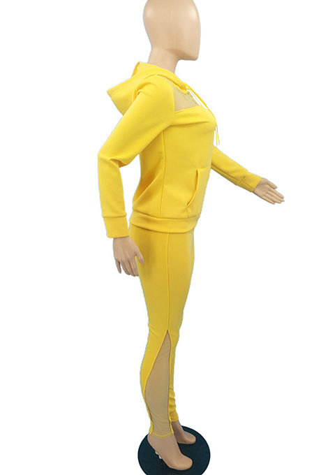 Women Solid Color Mesh Spaghetti Spliced Hooded Zipper Pants Sets AYQ8050