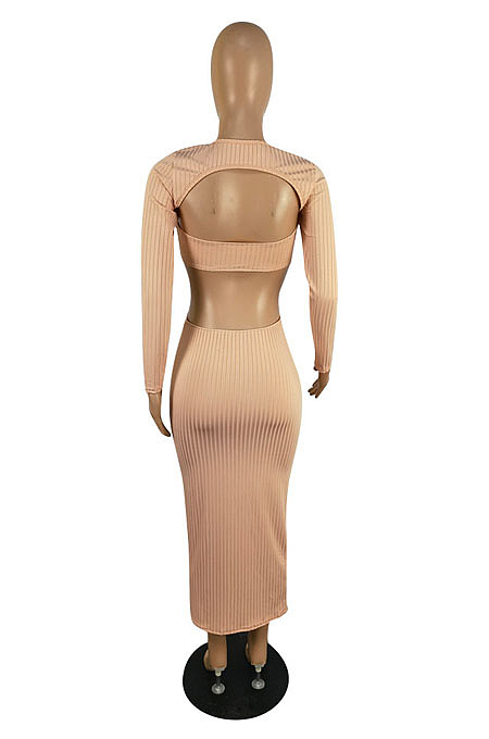 Sexy New Ribber Long Sleeve Round Neck Hollow Out Strapless Backless Slim Fitting Dress ZMM9146