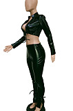 Wholesale New Leather Long Sleeve Cardigan Bandage Tops Trousers Solid Color Suit BN9311