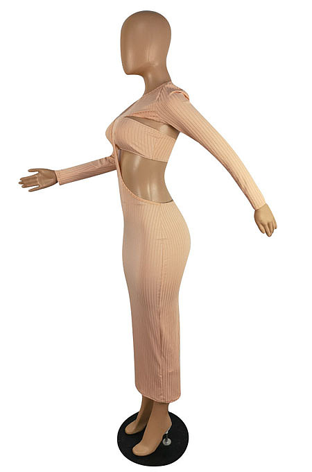 Sexy New Ribber Long Sleeve Round Neck Hollow Out Strapless Backless Slim Fitting Dress ZMM9146