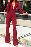 Nail Bead Deep V Collar Sexy Puff Sleeve Mid Waist Tiny Flared Bodycon Jumpsuits YSH86288