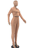 Euramerican Women's Fashion Dew Waist Plaid Digital Printing Zipper Bodycon Pants Sets AYQ08027