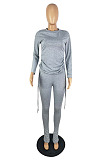 Modest Simple Cotton Blend Long Sleeve Round Neck Drawstring Tops Skinny Pants Solid Color Suit ZMM9144