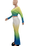 Euramerican Fashion Casual Gradient Long Sleeve Tops Flare Leg Pants Sets AYQ08037
