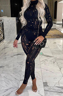 Fashion Casual Long Sleeve O Neck Tops Skinny Pants Hole Plain Suits ALS272 