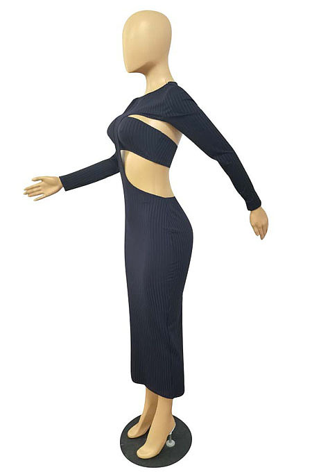 Sexy New Ribber Long Sleeve Round Neck Hollow Out Strapless Backless Slim Fitting Dress ZMM9146