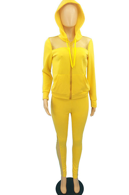Women Solid Color Mesh Spaghetti Spliced Hooded Zipper Pants Sets AYQ8050