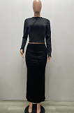 Women Fashion Solid Color Long Sleeve Bodycon Skirts Sets YS529