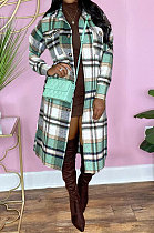 Plaid Printing Single-Breasted Turn-Down Collar Lower Hem Split Long Coat Midi Dress LML284