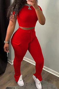 Fashion Bodycon Cotton Blend T Shirt Solid Color High Waist Split Pants Sets NXH5050