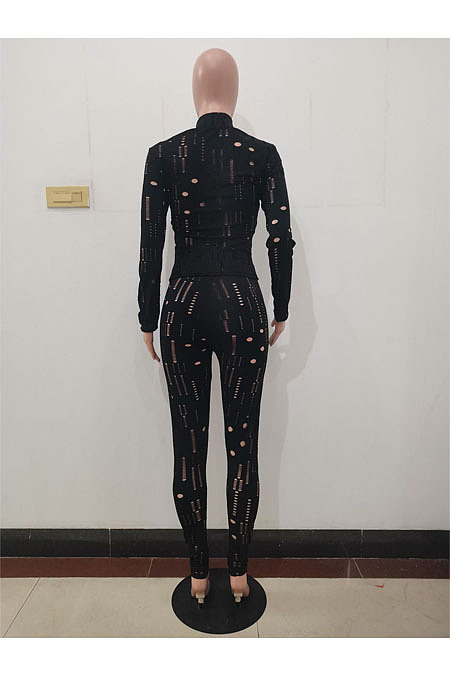 Fashion Casual Long Sleeve O Neck Tops Skinny Pants Hole Plain Suits ALS272 