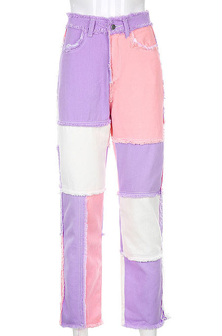 Color Block Spliced High Waist Pencil Long Jeans Pants HB4612
