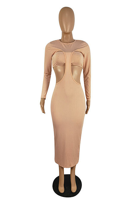 Sexy New Ribber Long Sleeve Round Neck Hollow Out Strapless Backless Slim Fitting Dress ZMM9146